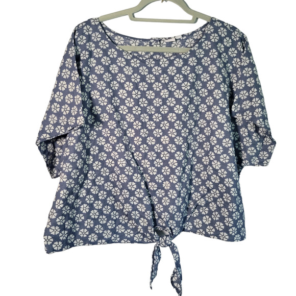 GAP Tops - Gap Blue White Floral Linen Relaxed Back Button Waist Tie Crop Top XXL 2X